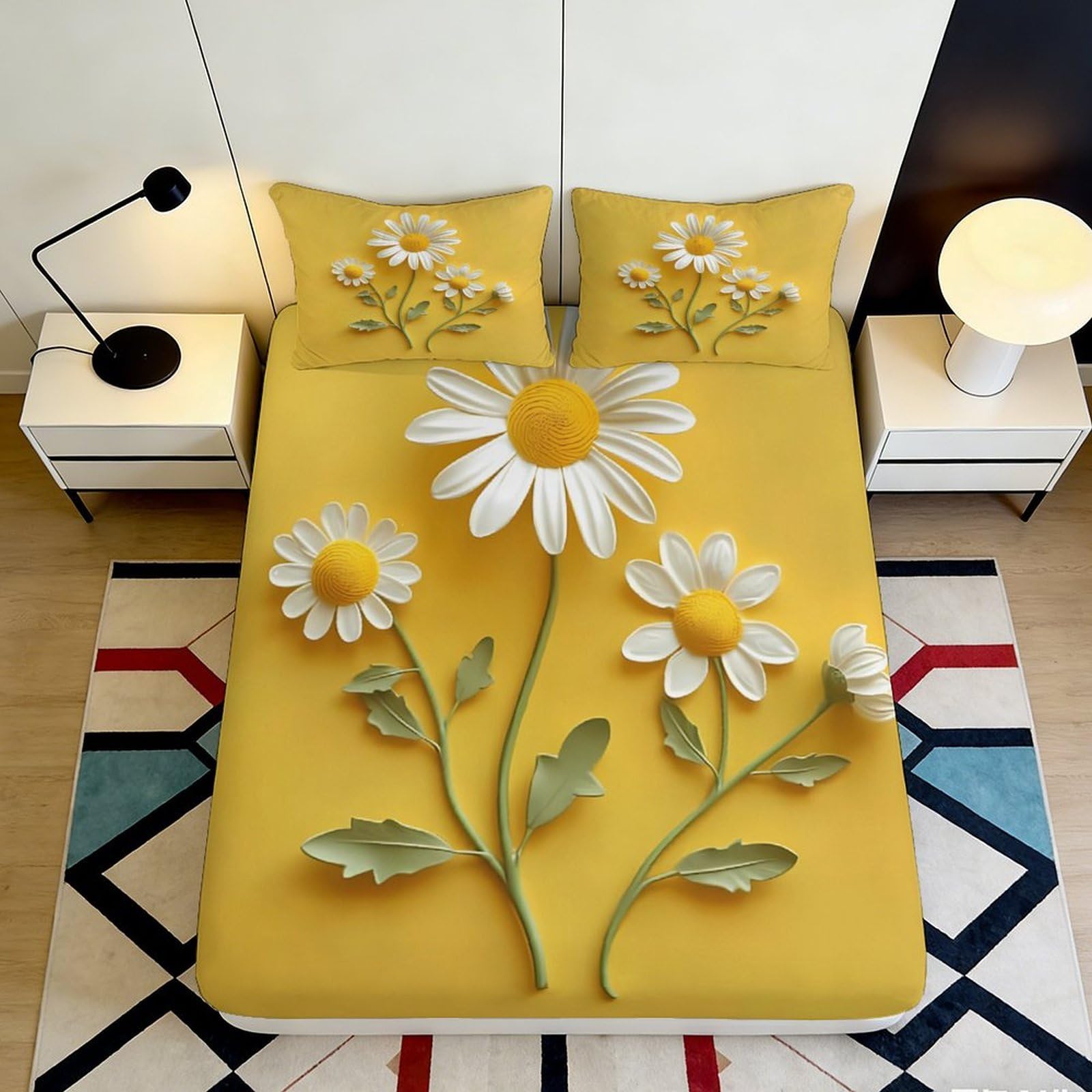 Jqzkxnhpbr Style-9 3D Printed Yellow Daisy Fitted Sheet Microfiber Anti-Slip Sunflower Bed Cover For Bedroom Guest Room Easy Care Decor 90X200x25cm