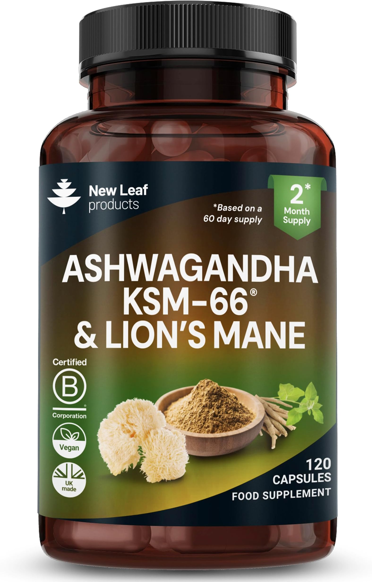 Ashwagandha KSM-66 and Lions Mane Capsules - High Strength 2000mg KSM-66 Ashwaghandha Root Extract and Lions Mane Mushroom Extract - 120 Vegan Capsules with Black Pepper - UK Made by New Leaf