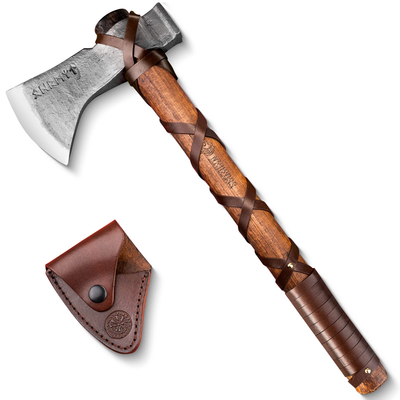 NedFoss 16 inch Viking Tomahawk Axe, Sharp Bearded Axe Gifts for Men, Nordic Viking Hatchet with Hammer and Snap-On Leather Sheath, Beech Wooden Handle Wrapped with Leather Rope Ragnar Axe