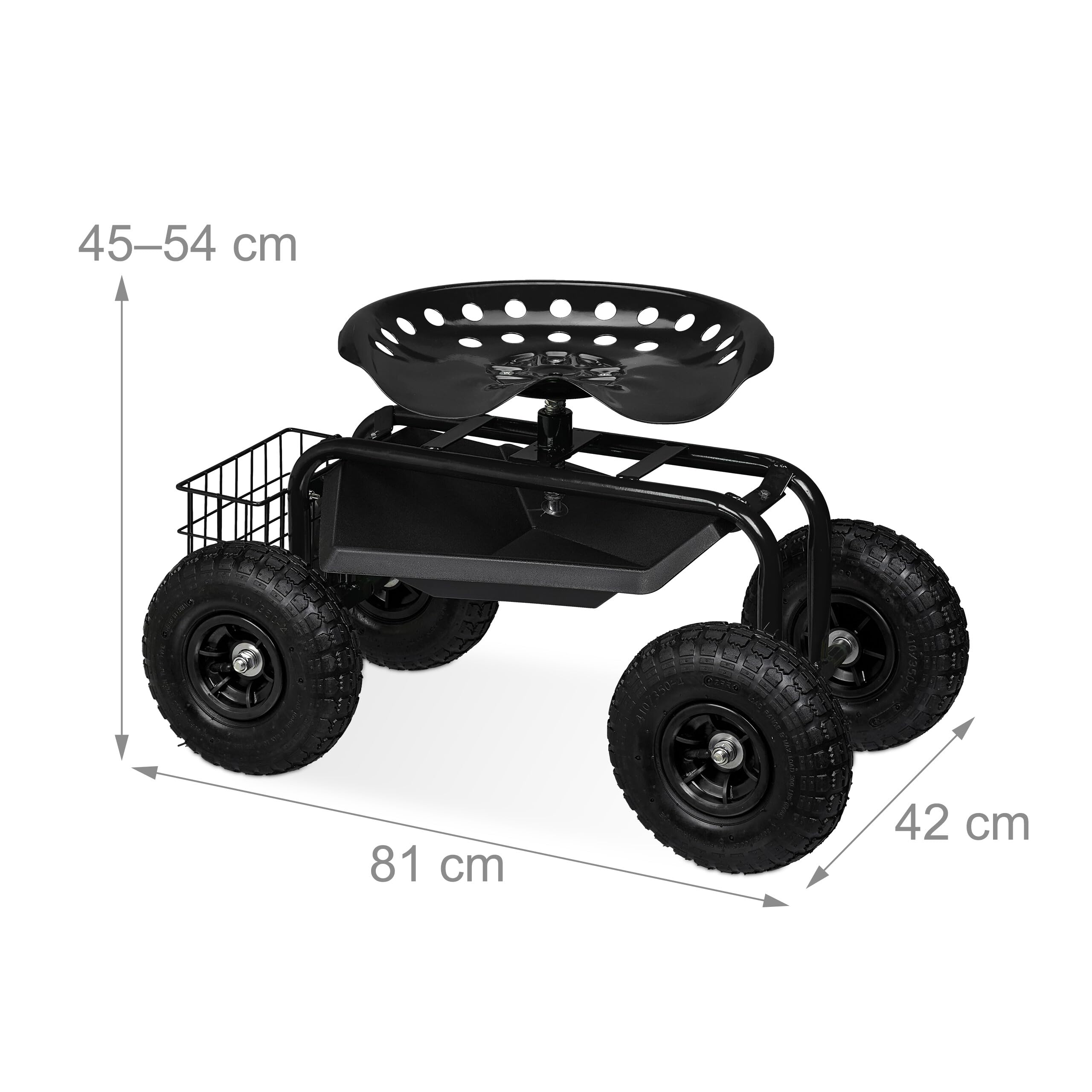 Relaxdays Asiento de Jardín con Ruedas Neumáticas, Taburete Jardinería, Altura Regulable, 150 kg, Acero, Negro
