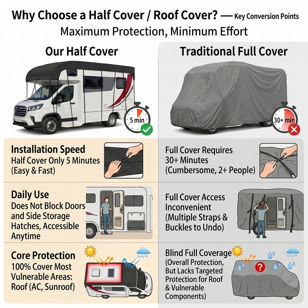 Copritetto Camper Universale in Tessuto Oxford Ultra Resistente, Telo Protezione Tetto Impermeabile 100% per Camper e Caravan, Anti-UV, Antineve e Anti-Muffa,Nero,6.5 * 3M Fits 18to21 ft