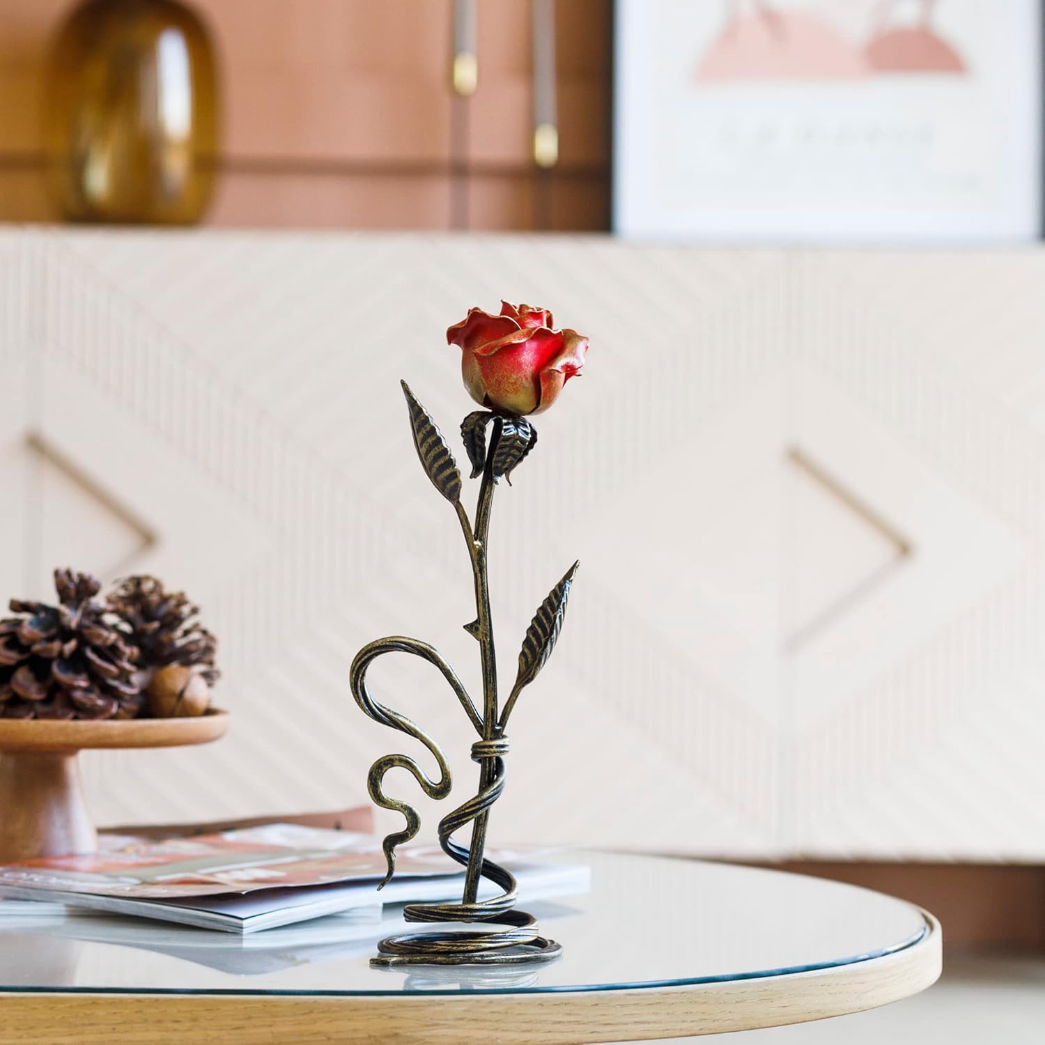 Red Iron Rose with Metal Stand - 6th Aniiversary Flower for Her - Hand Forged Long-Lasting Home Decor Figurine