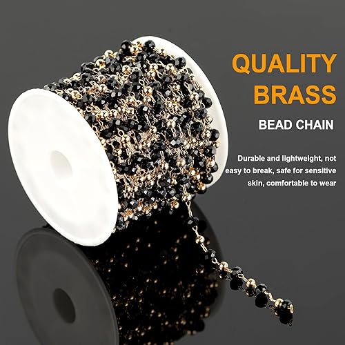 Miniatura 3 de KYUNHOO Cadena de cuentas negras de 16.4 pies para hacer joyas, cadena de rosario de latón chapado en oro en carrete con palmadas de langosta y