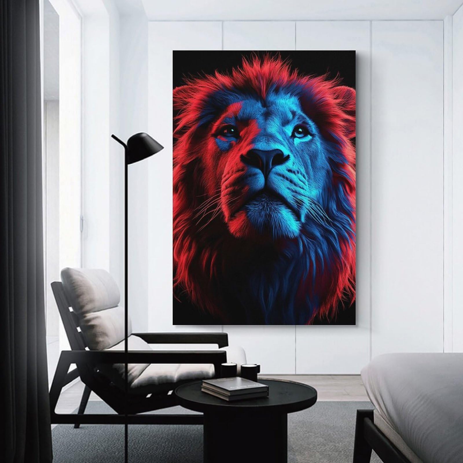 Junmoney Lion Portrait in Red And Blue Home Decor Wall Art 16x24inch(40x60cm), for Office, Study Or Home Workspace, Home Office Artwork with Decorative Appeal