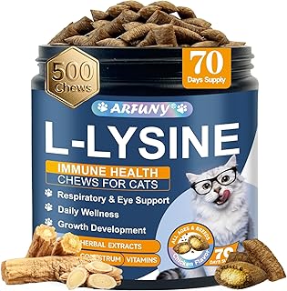 Lysine for Cats - 500 Chews L-Lysine for cats Immune, Eye Function, Respiratory Support - Cat Sneezing & Running Nose - with Taurine, Beta-Glucans, Bovine Colostrum - Crunchy & Creamy, Chicken Flavor