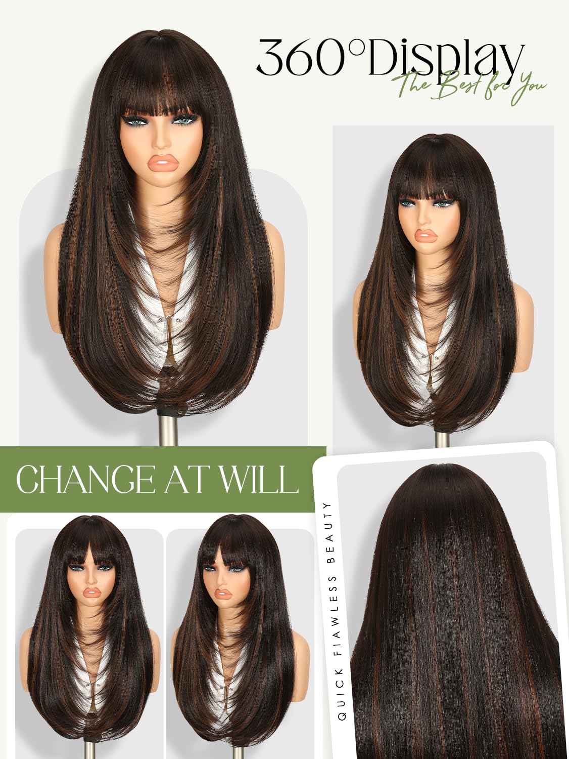 Quantum Love Highlight Long Straight Layered Wig with Bangs Mixed Brown Put on Go Wigs for Women Glueless Realistic Heat Resistant Synthetic Fiber (Highlight Brown)
