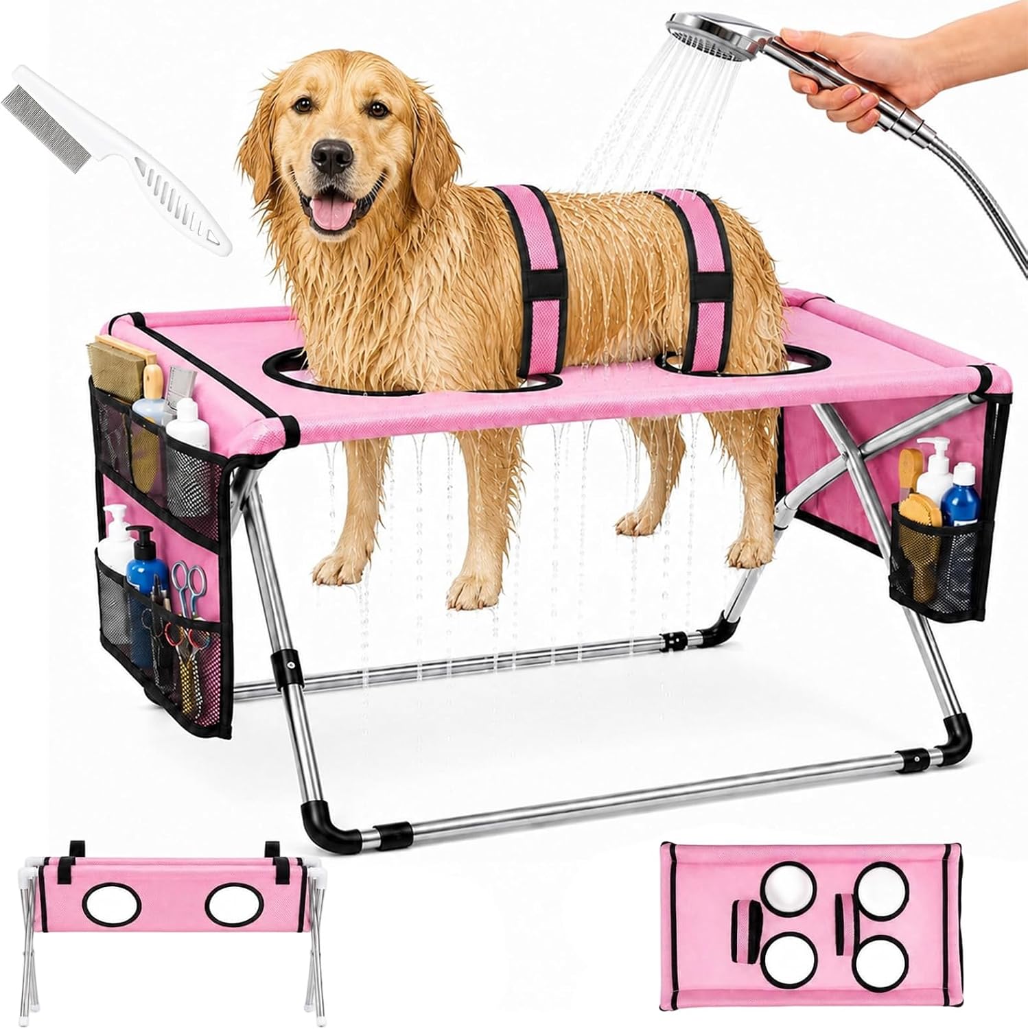 Foldable Pet Grooming Bath Stand, Mesh Surface & Metal Frame (Pink-Pro)