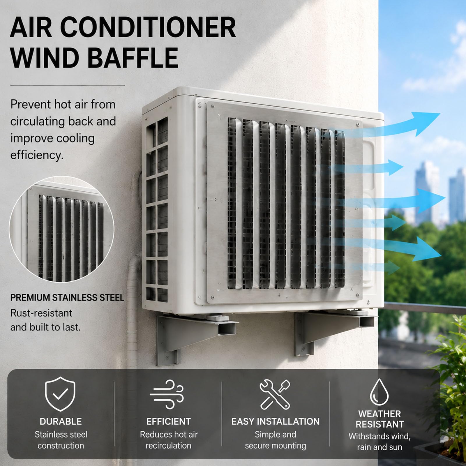 Deflettore Quadrato per Unità Esterna Condizionatore Copertura Frangivento In Acciaio Inox Diametro 43–63 Cm Impedisce Il Flusso D'Aria Diretto Adatto Ad Ambienti Residenziali e C 48x48cm/18.9x18.9in