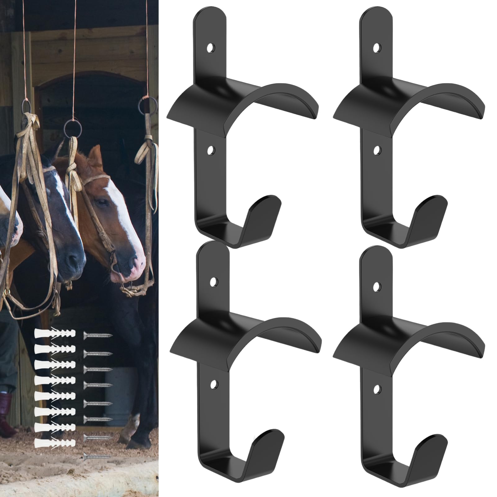 Lot de 4 supports de bridon en métal pour cheval avec crochets et vis, support pour écurie, chambre de selle, rangement pour écurie