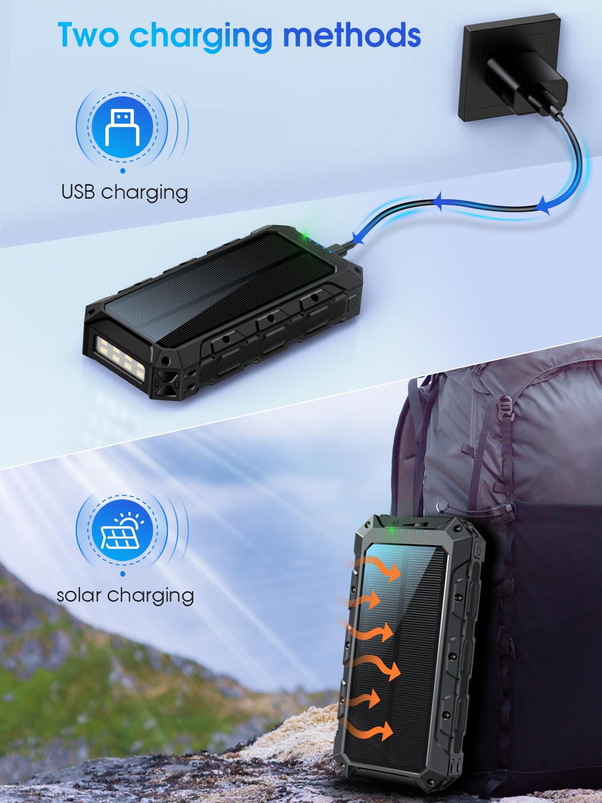 Power Bank 26800 mAh Powerbank Inalámbrico, Cargador Rápido Portátil con Cable Integrado, 7 Salidas/2 Entradas, Banco de Energía Solar con Linterna / Indicador LED, Batería Externa para Smartphones