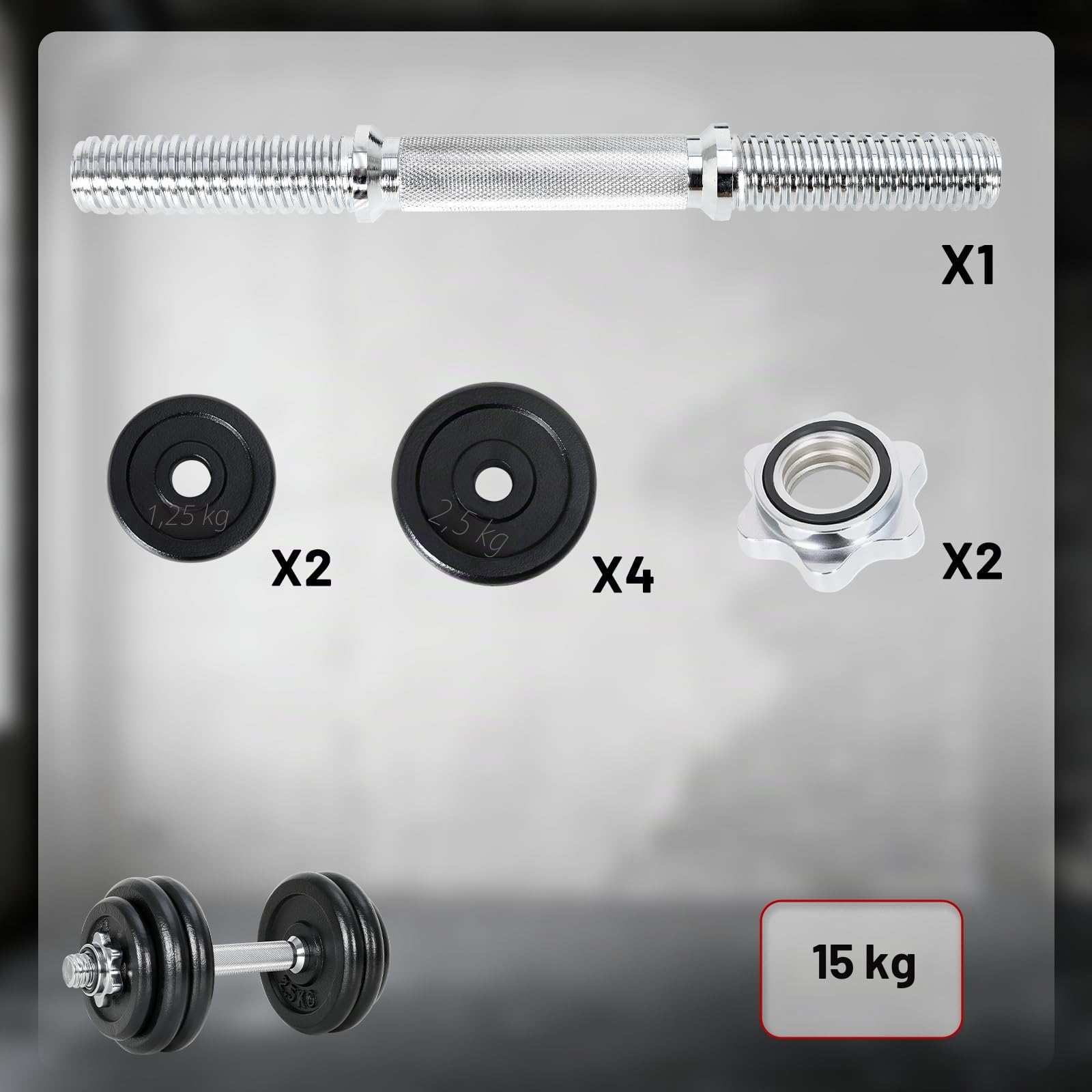 Hantelset 10 kg | 15kg | 30kg Einzelhantel - Hanteln Set - Stange 30 mm - Kurzhanteln Frauen und Männer - Hantel Set - Gusseisen Kurzhantelset - Kurzhantel