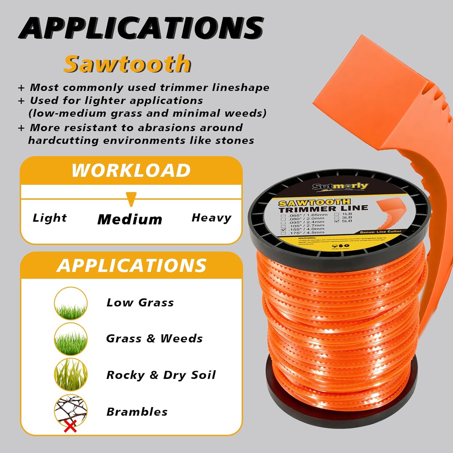 155 Sawtooth Trimmer Line for Push String Trimmer, 5-Pound Commercial 0.155 String Trimmer Line in Spool, Heavy Duty Weed Wacker String .155 with Line Cutter Fits Most String Trimmer