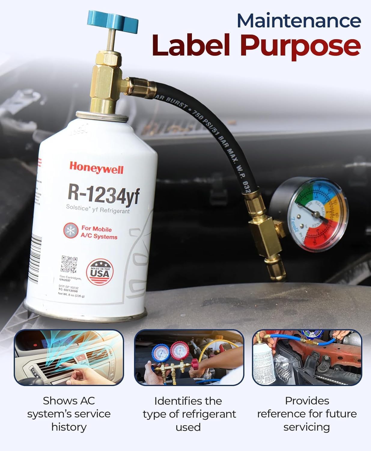 ZeroR® R1234YF Refrigerant Recharge Kit | 24" HD Can Tap Gauge | 8oz R1234YF (4 Cans)