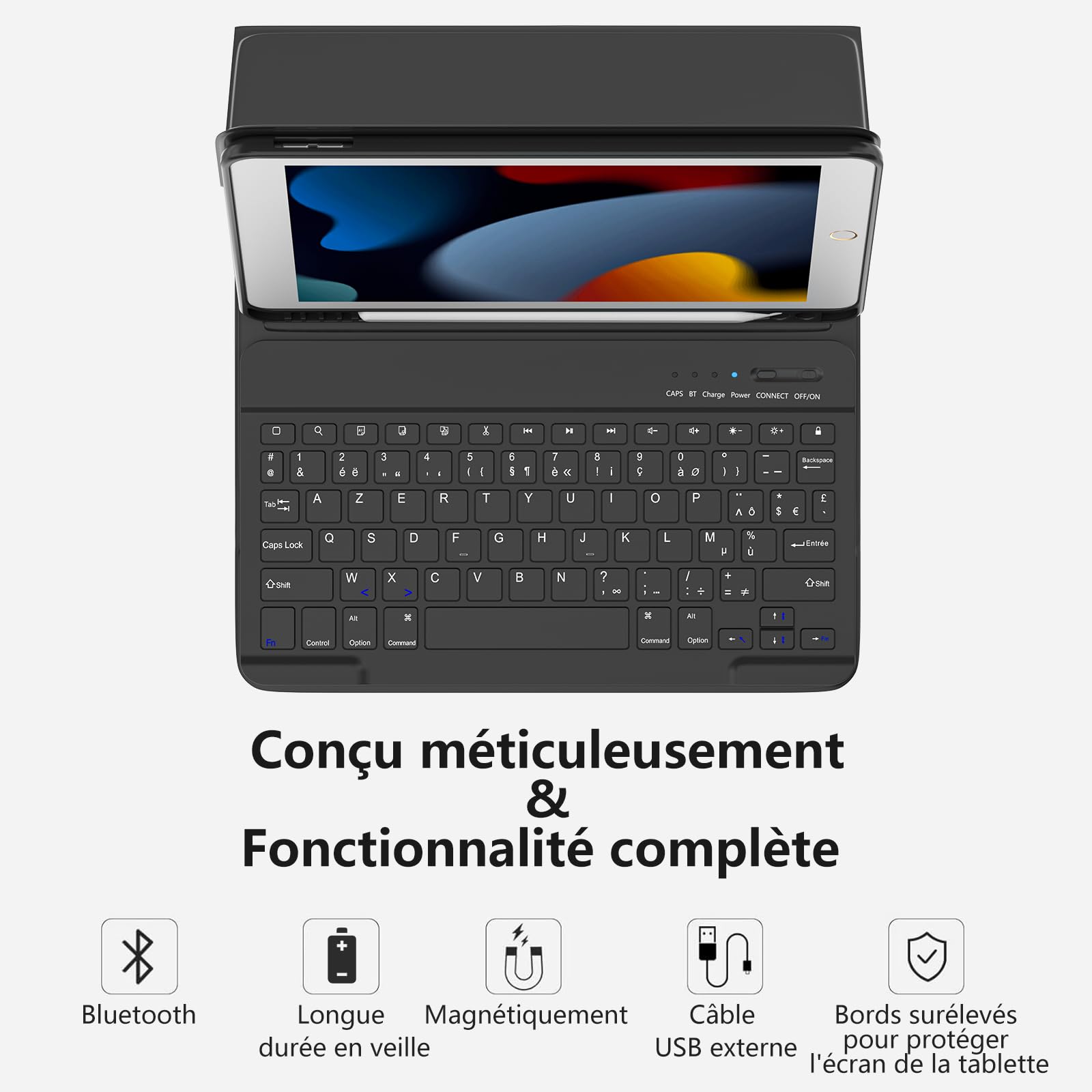 MMK Clavier Coque pour iPad 10.2 9/8/7ème Génération 2021/2020/2019, Détachable Clavier Bluetooth sans Fil pour iPad 10.5 inch Pro 2017/2019 Air 3, AZERTY Français