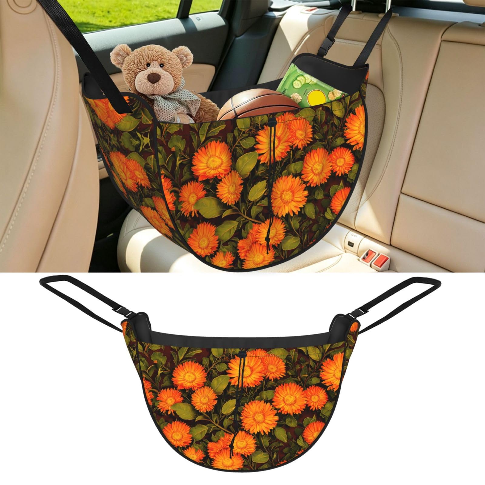Cntdbu Black Marigold Pattern Car Seat Organizer-Backseat Storage Bag For Travel