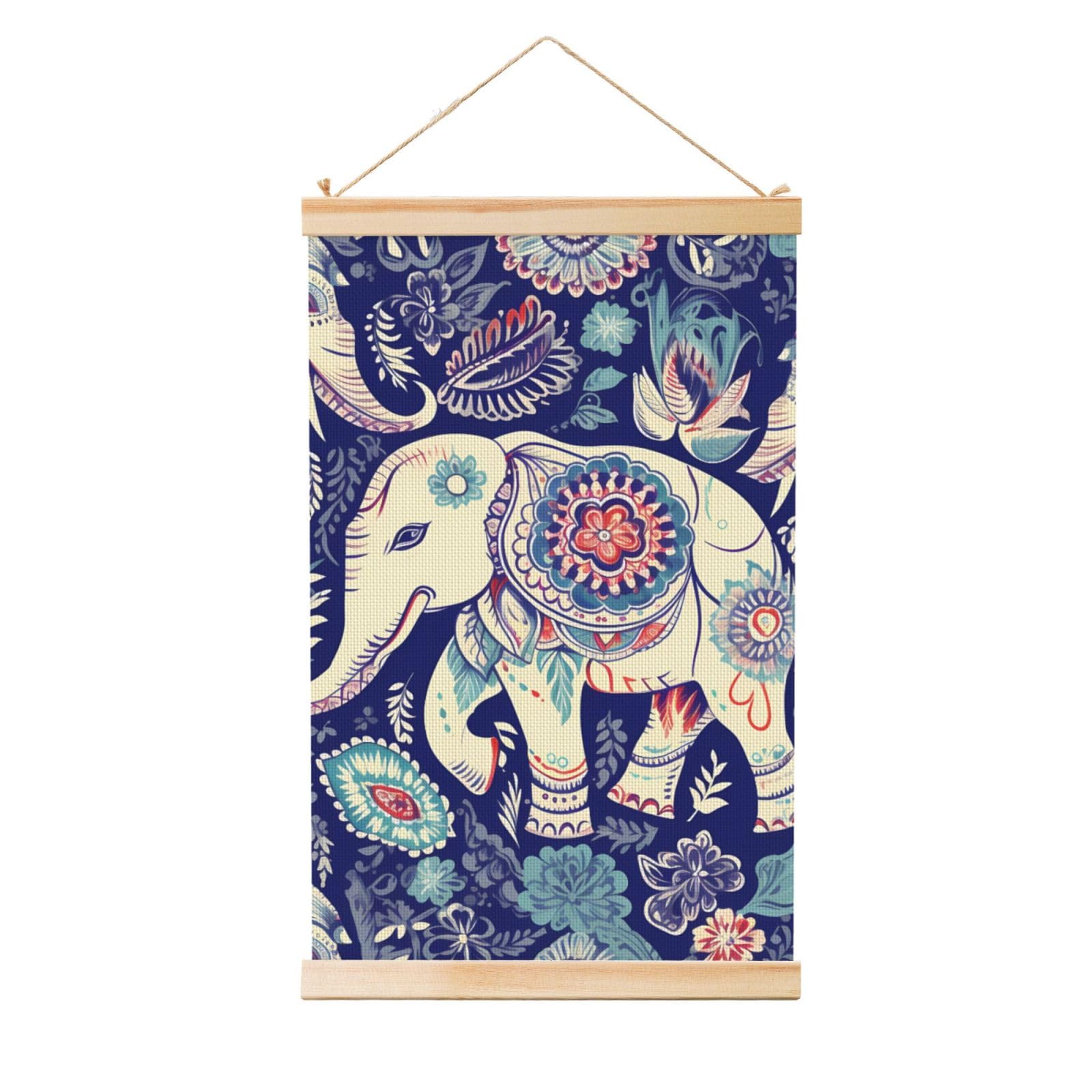 Boho Elephant Posters Wooden Shaft Hanging Poster Canvas Prints Scroll Wall Art Painting Vintage Wall Banner Modern Artwork Decor for Home Decor Ready to Hang 20"x30"