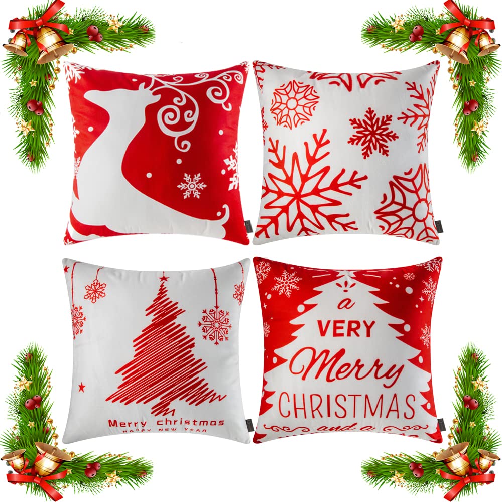 ORANIFUL Juego de 4 fundas de cojín navideñas de terciopelo rojo de 50 x 50 cm, fundas de almohada para sofá, dormitorio, decoración de Navidad, funda de almohada de 20 x 20 pulgadas (paquete de 4-05)