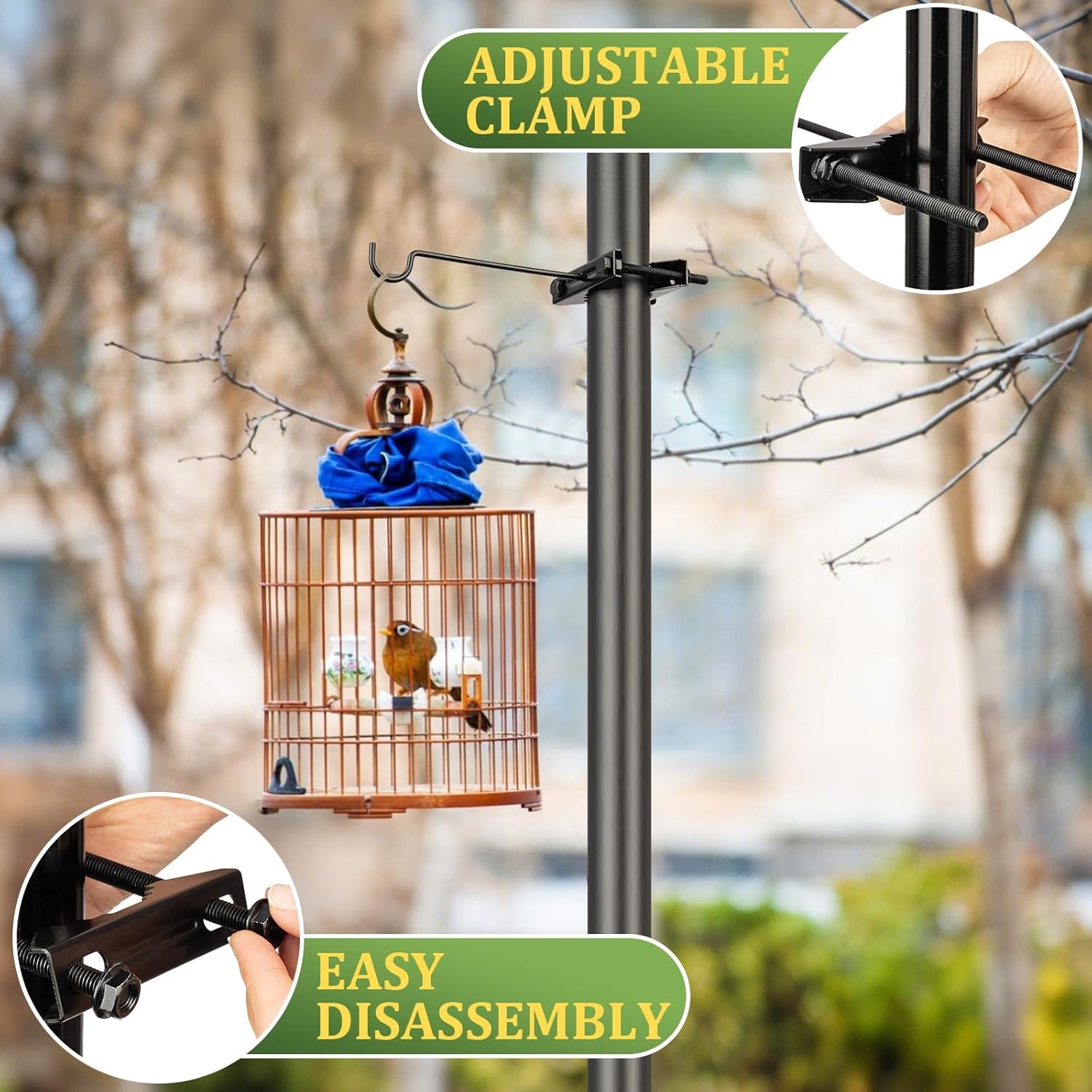 Bird Feeder Hanger Hook for 0.9-2.7" Pole, Iron Clamp-On Deck Hook for Railing Pole, Outdoor Hanging Bracket for Plant, Tree Branch Hooks for Bird House Holder (4 Pack)
