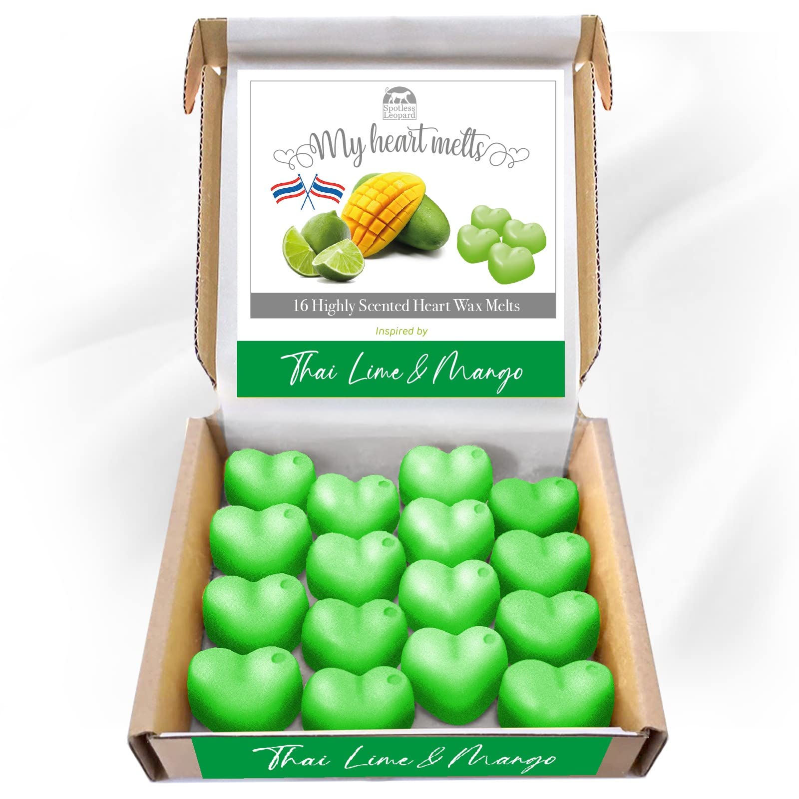 Thai Lime & Mango Wax Melts: 16 x5g PCS Heart Shaped Candles Gifts for Women, Vegan & Pet Friendly, Cruelty & Plastic Free, Mango and Lime Scented Wax Melts