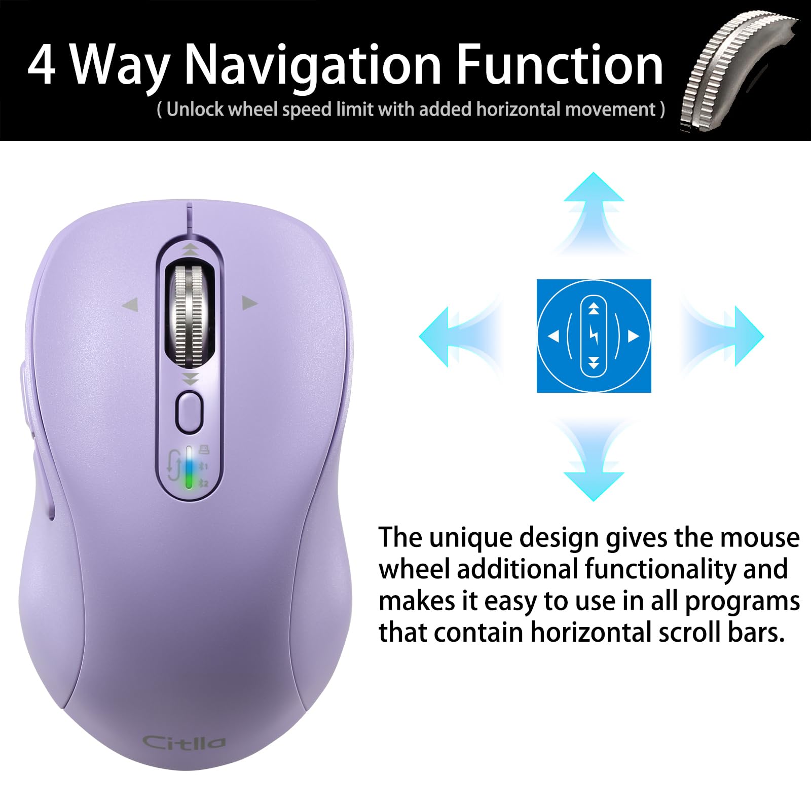 CITLLA L570 Wireless Bluetooth Mouse, Portable Rechargeable,Multi-Device,4-Level DPI,USB-A Receiver and Two Bluetooth, 4-Way Scrollig for MacBook Air/Pro, iPad, Laptop, Computer, Multi-System(Purple)