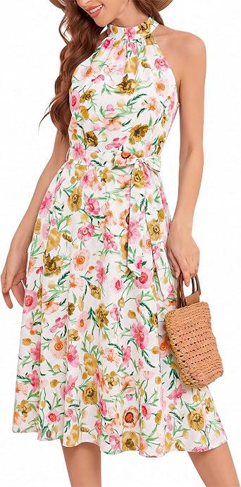 Bbonlinedress Women Floral Midi Dress 2026 Halter Summer Spring Boho Casual Beach Vacation A-line Flowy Sun Dresses