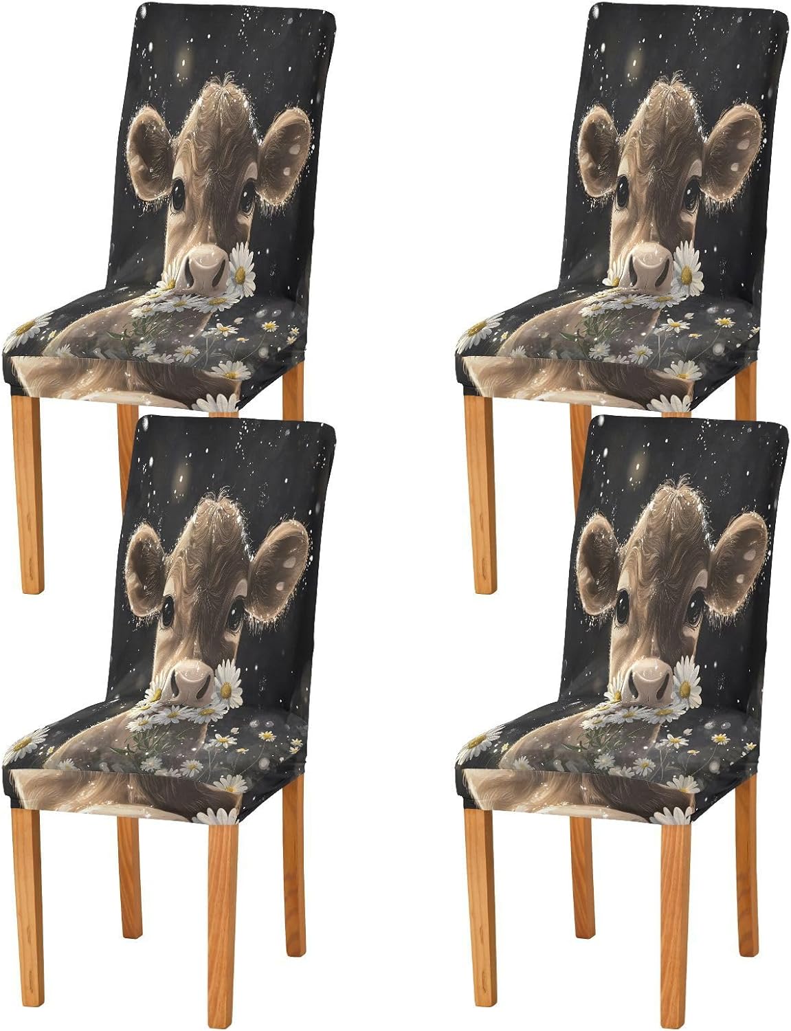 ALAZA Chair Covers for Dining Room, Cute Cow Daisies Stretch Chair Cover Sets Chair Protector Removable Washable for Ktichen Restaurant Hotel