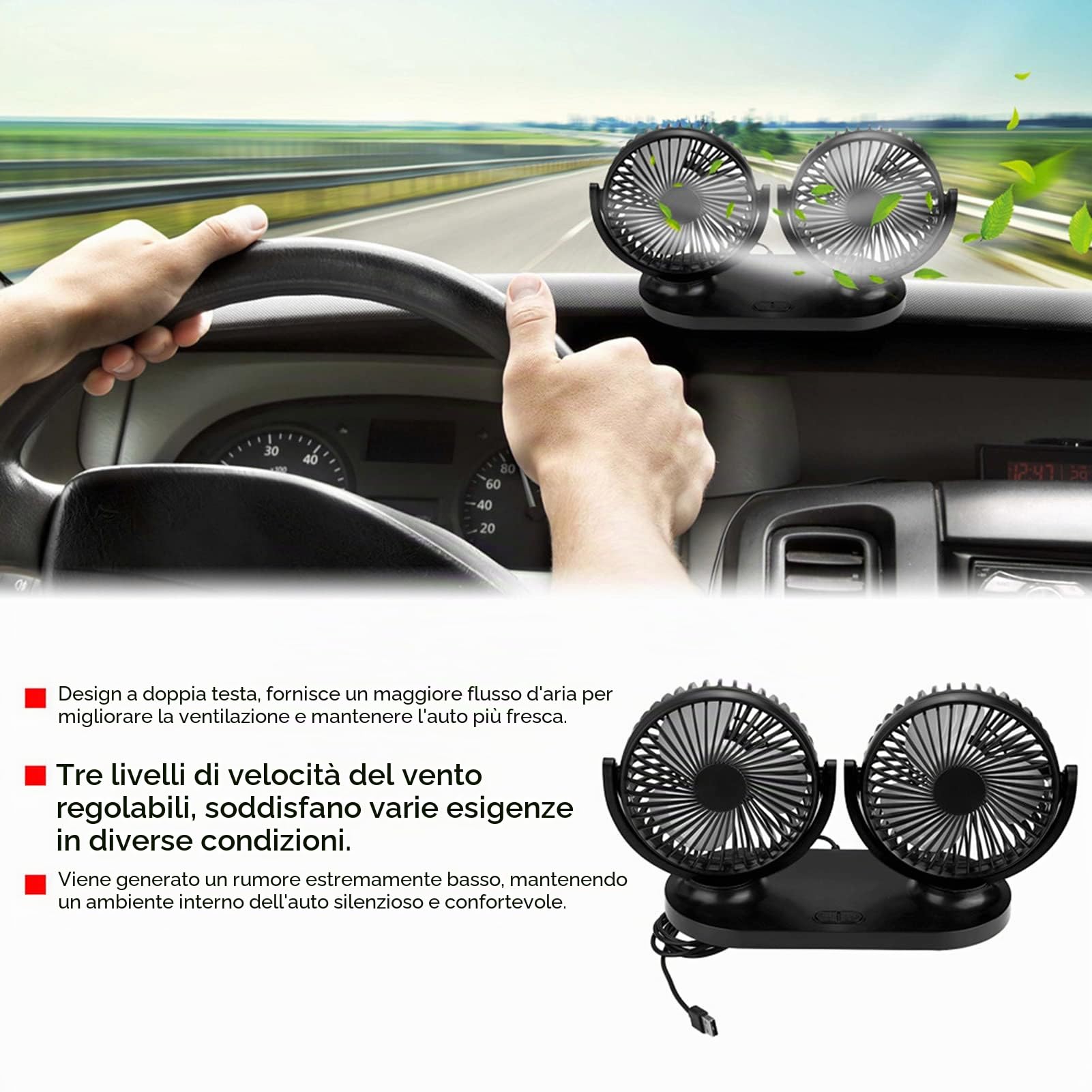 EVGATSAUTO Ventilatore per auto a doppia testa, auto a doppia testa USB Condizionatore d'aria portatile Ventilazione del dispositivo di raffreddamento automatico Accendisigari 12V(Nero)