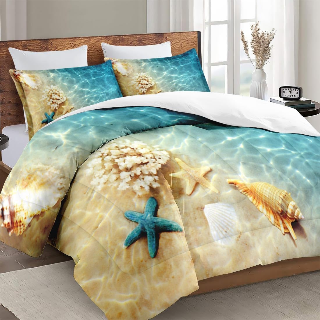 Full Size Comforter Set with 2 Pillowcases, Summer Marine Seashell Starfish Beach Ocean 3 Pcs Soft Bedding for Kids and Adults Bedroom Bed Decor - Image 3
