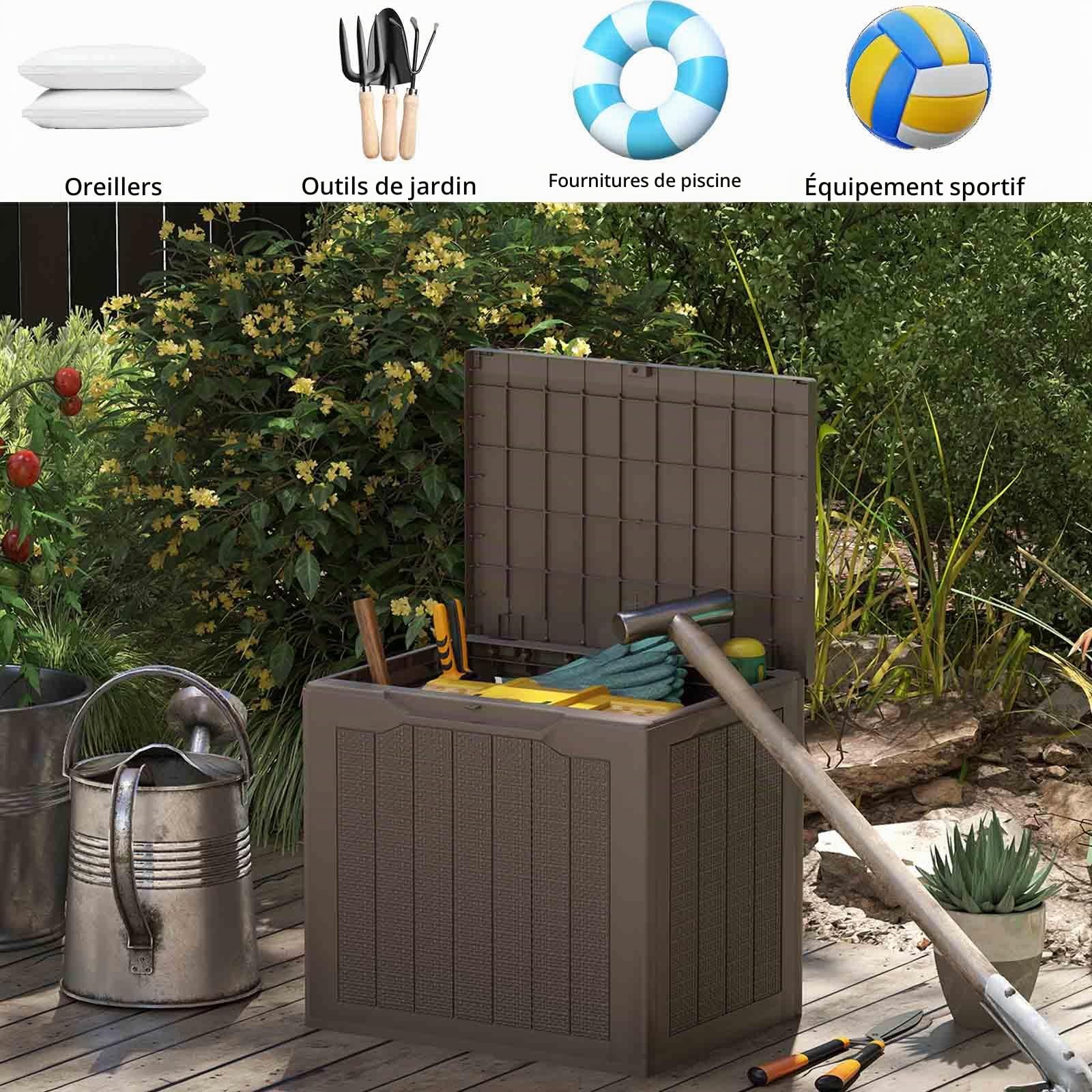 HOMASIS 96L Coffre de Rangement Imperméable, Boîte Extérieur en PP, Banc de Rangement Verrouillable pour Cour, Jardin, Bord de Piscine, Terrasse (brun)