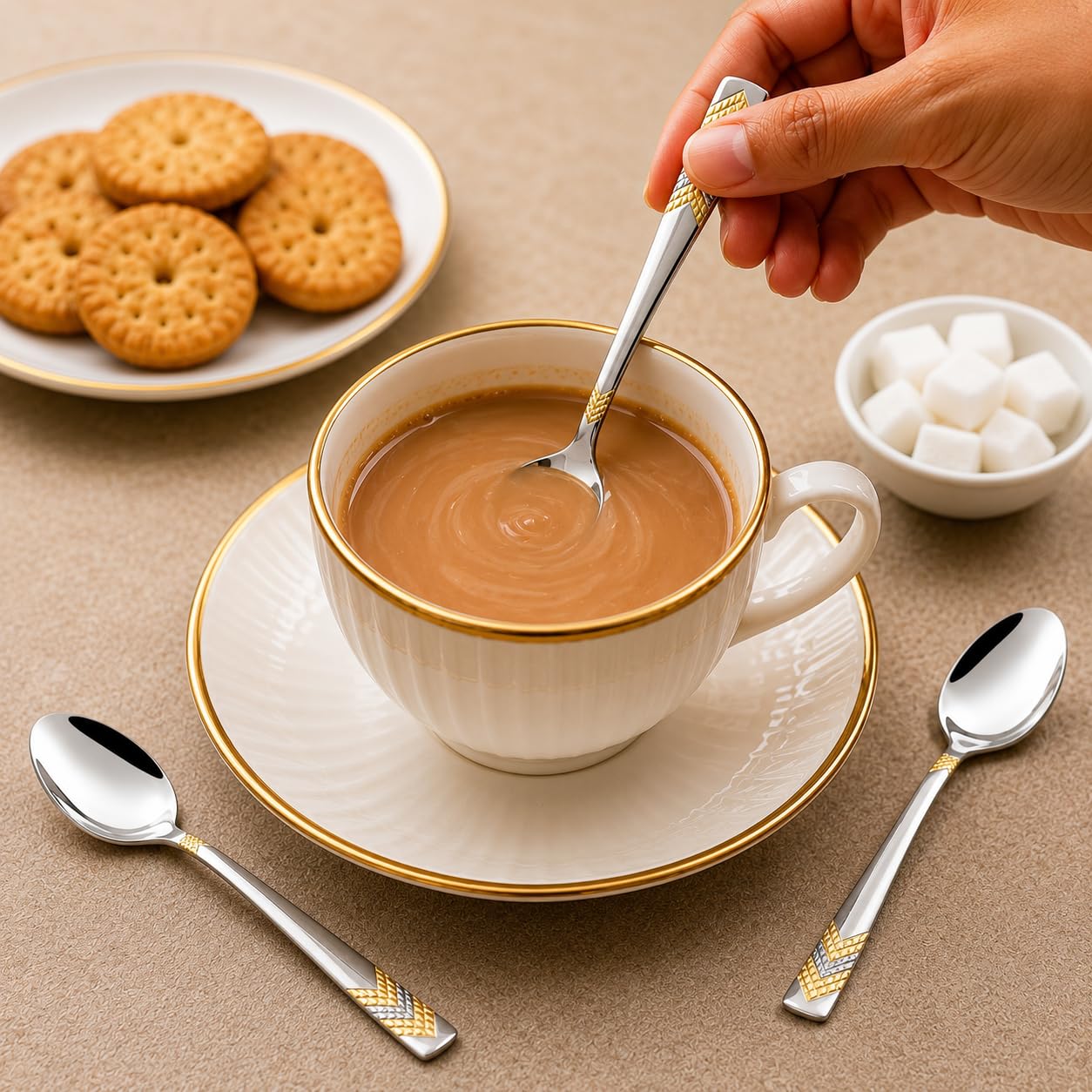 FnS 6 Pieces 24K Gold Plated Stainless Steel Tea Spoon Set for Tea, Coffee, Sugar & Spices, Small Spoons | Premium Cutlery | Dishwasher Safe Tableware, Home, Kitchen, Dining & Gifting (Raga Design) 2