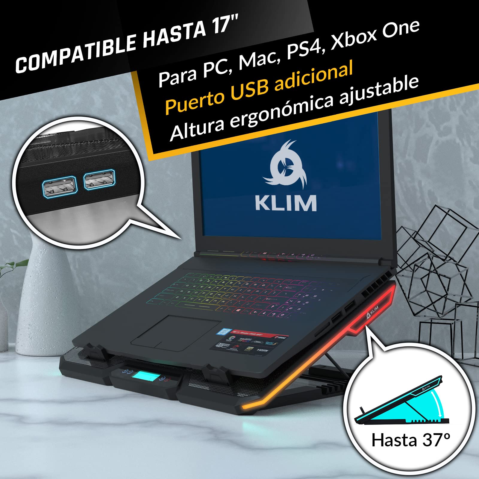KLIM Glacier - Base refrigeradora portátil de 6 Ventiladores - Nuevo - Iluminación RGB - 11" a 17" - Refrigeración para portátil Gaming - USB - Estable y silenciosa - Compatible PC Mac PS4 Xbox