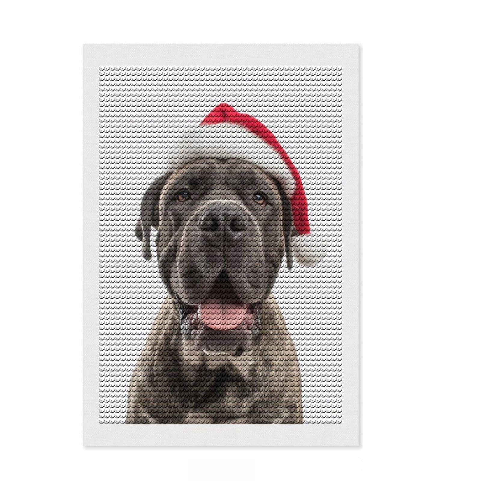 Junmoney Mastiff Dog with Santa Hat Round Drill Diamond Painting 8"x12", Living Room Decor, for Creative Relaxation, Full Kit Included, Gift Idea