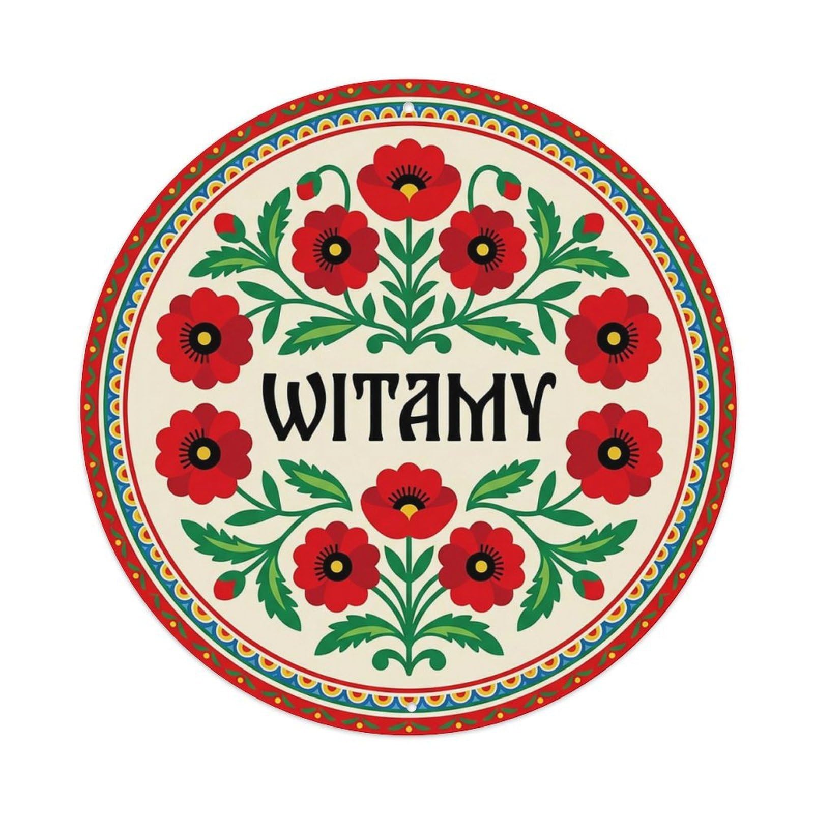 Vintage Polish Folk Art Witamy Welcome Poppy Field Metal Tin Sign