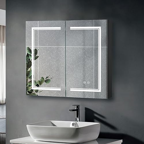 Miniatura 9 de FCH Botiquín iluminado con espejo LED regulable, 32 x 28 pulgadas, gabinete de baño LED antivaho montado en la pared con 2 salidas, 2 puertos USB, 2