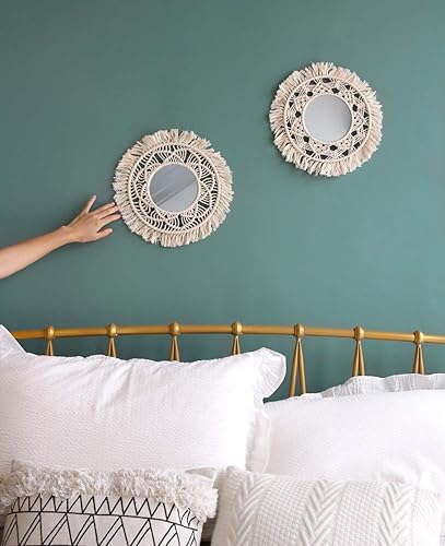 Miniatura 3 de Mkono Hanging Wall Mirror with Macrame Fringe 2 Set Small Round Decoration Boho Antique Mirror for Apartment LivingRoom Bedroom Baby