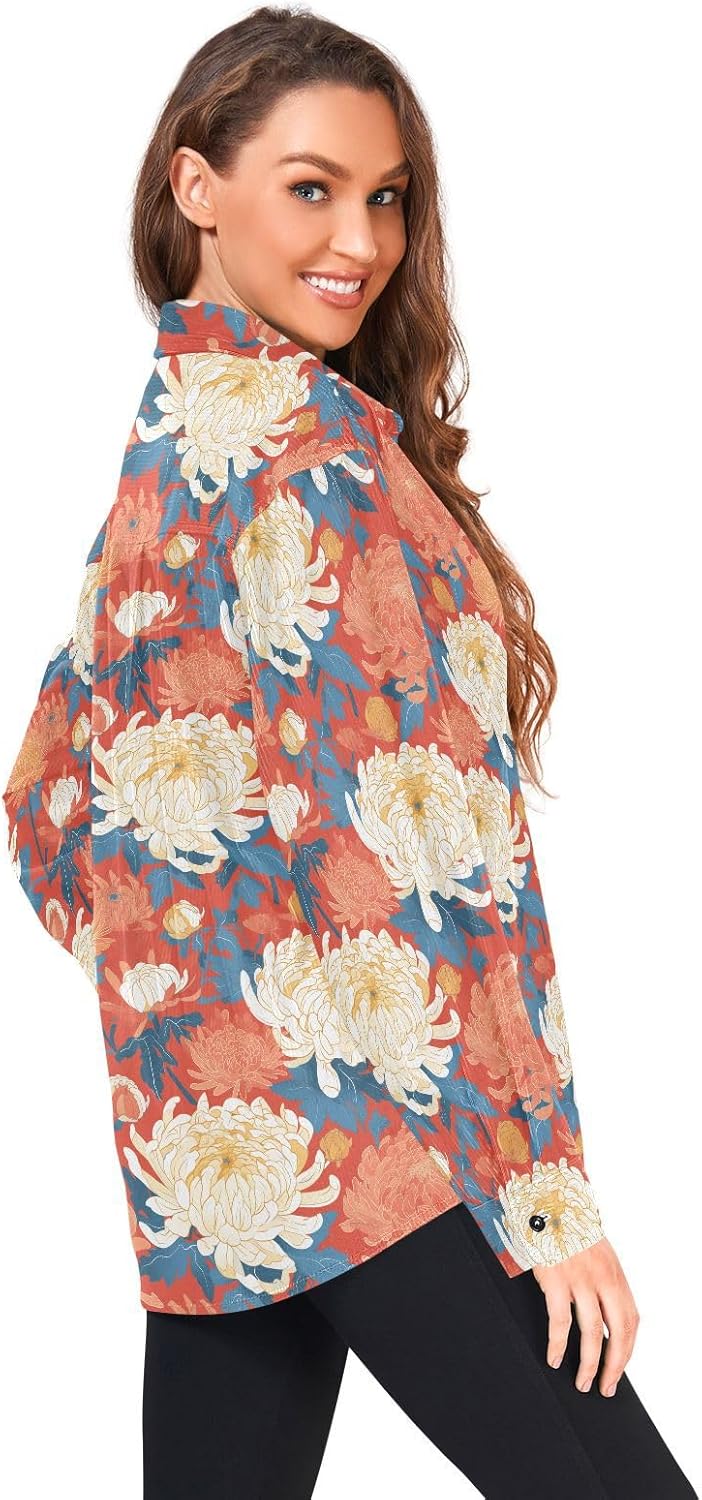 KLL Red Chrysanthemum Mens Womens Regular Fit Rugby Shirts Dating Long Sleeve Blouse