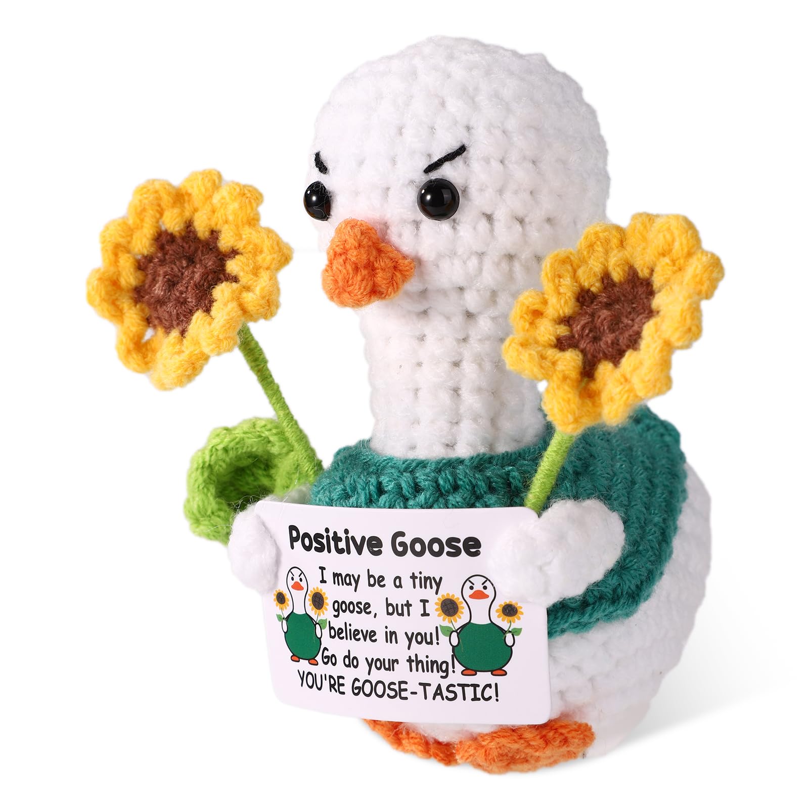 TOYMIS Funny Positive Goose Toy, Handmade Inspirational Goose Crochet Animals Cute Emotional Knitted Support Doll with Card Cheer Up Gifts for Home Office Desk Party Decorations