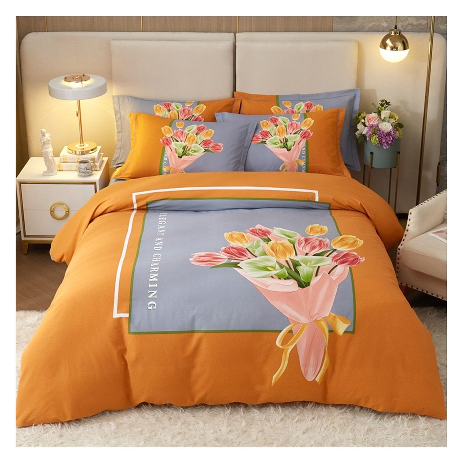Housse de couette en coton supérieur au motif botanique orange de jardin