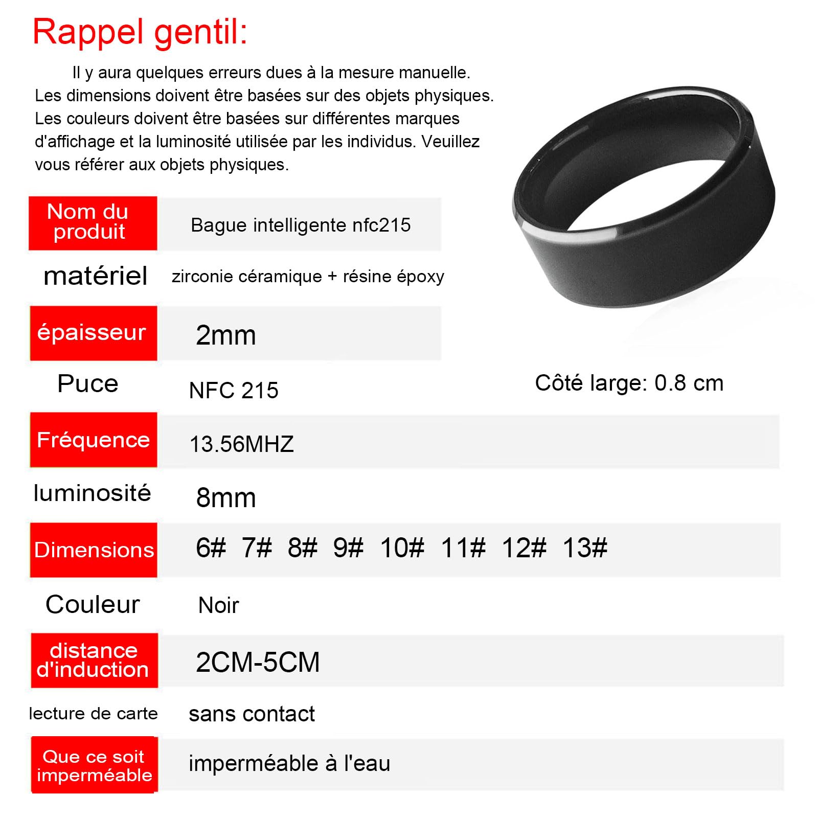 Anneau universel imperméable en céramique NFC Forum Type 2 496 octets pour téléphone portable