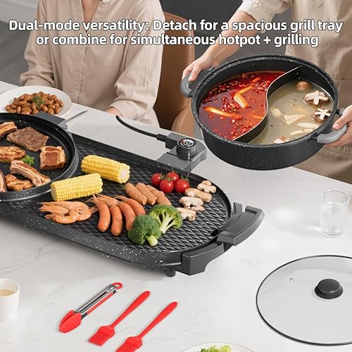 Miniatura 3 de AORAN - Combo de parrilla eléctrica y olla caliente para cocina en interiores, parrilla desmontable de doble zona de 2200 W con bandeja dividida