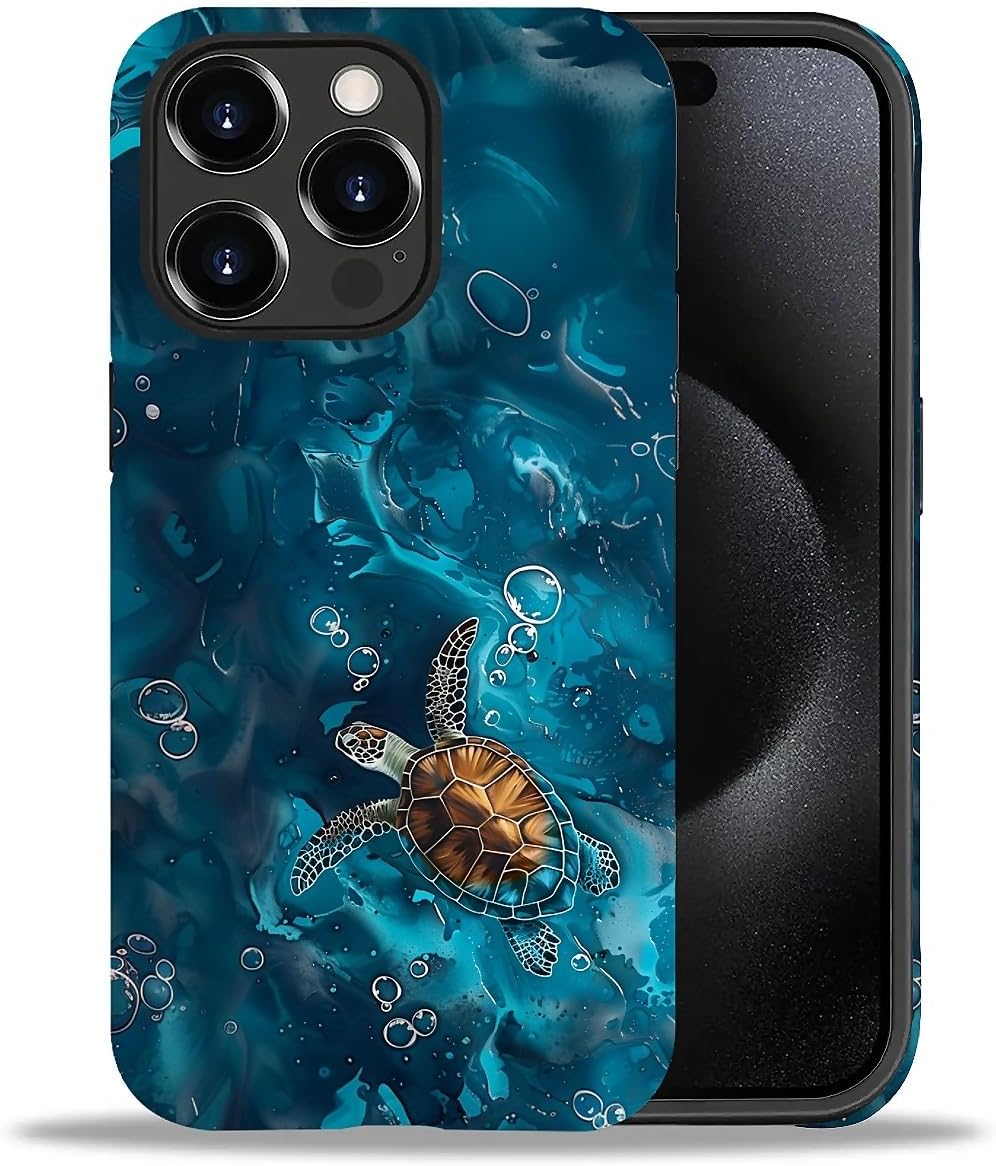 Compatible with iPhone 15 Pro Case, Ocean Turtle Blue Pattern Print Phone Case Funny Liquid Silicone Case Impact Resistant Anti-Scratch Shockproof Protective Cover