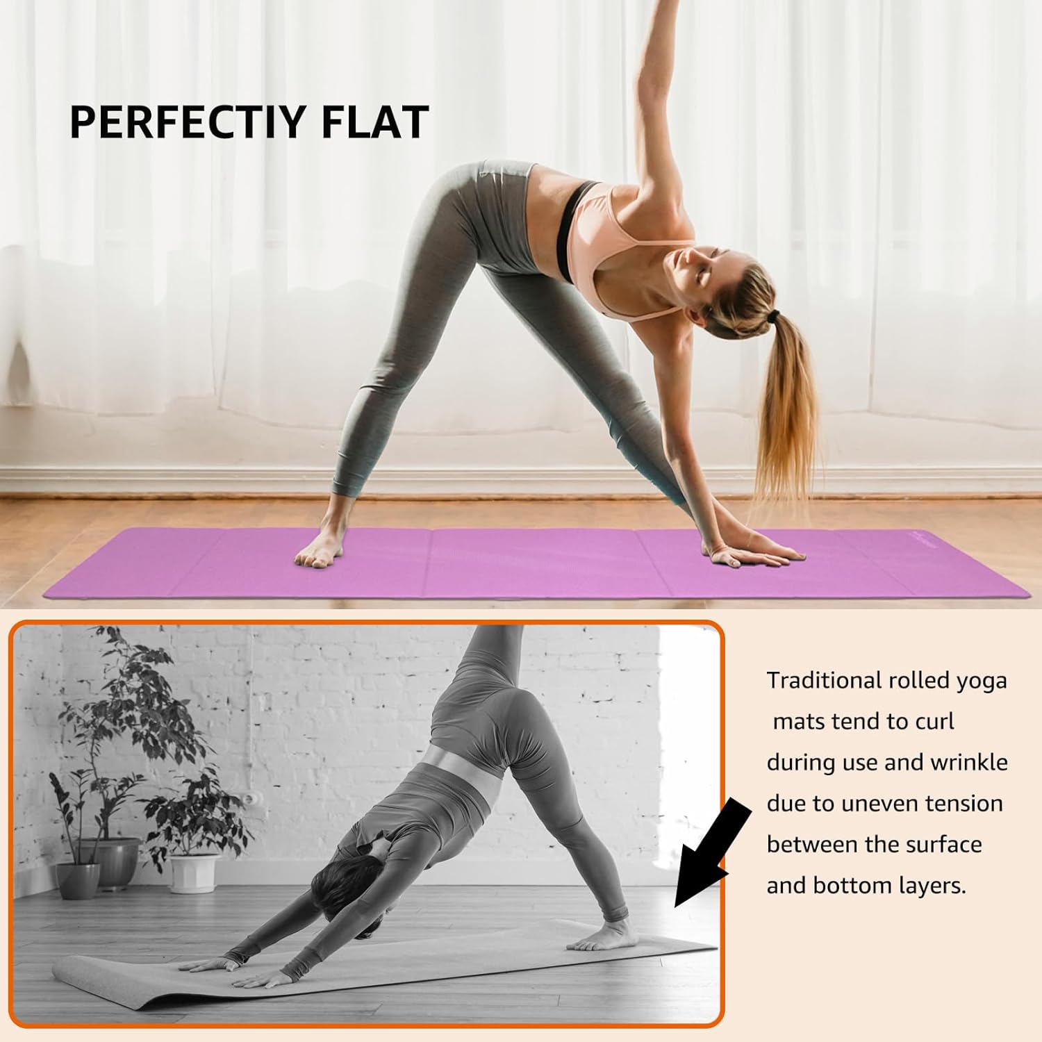Foldable Yoga Mat Lightweight Packable Travel Mat Non slip Folding Exercise Mat Easy to Store Pilates Workout Mat 0.24"(6mm) with Carrying Strap