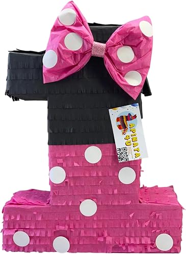 APINATA4U Pink & Black Number One Pinata with Bow, First Birthday Party Decorations and Gift, Gift for Her on 1st Birthday and Anniversary, Diy Themed Pinata for Celebration, 20X16X4 Inches