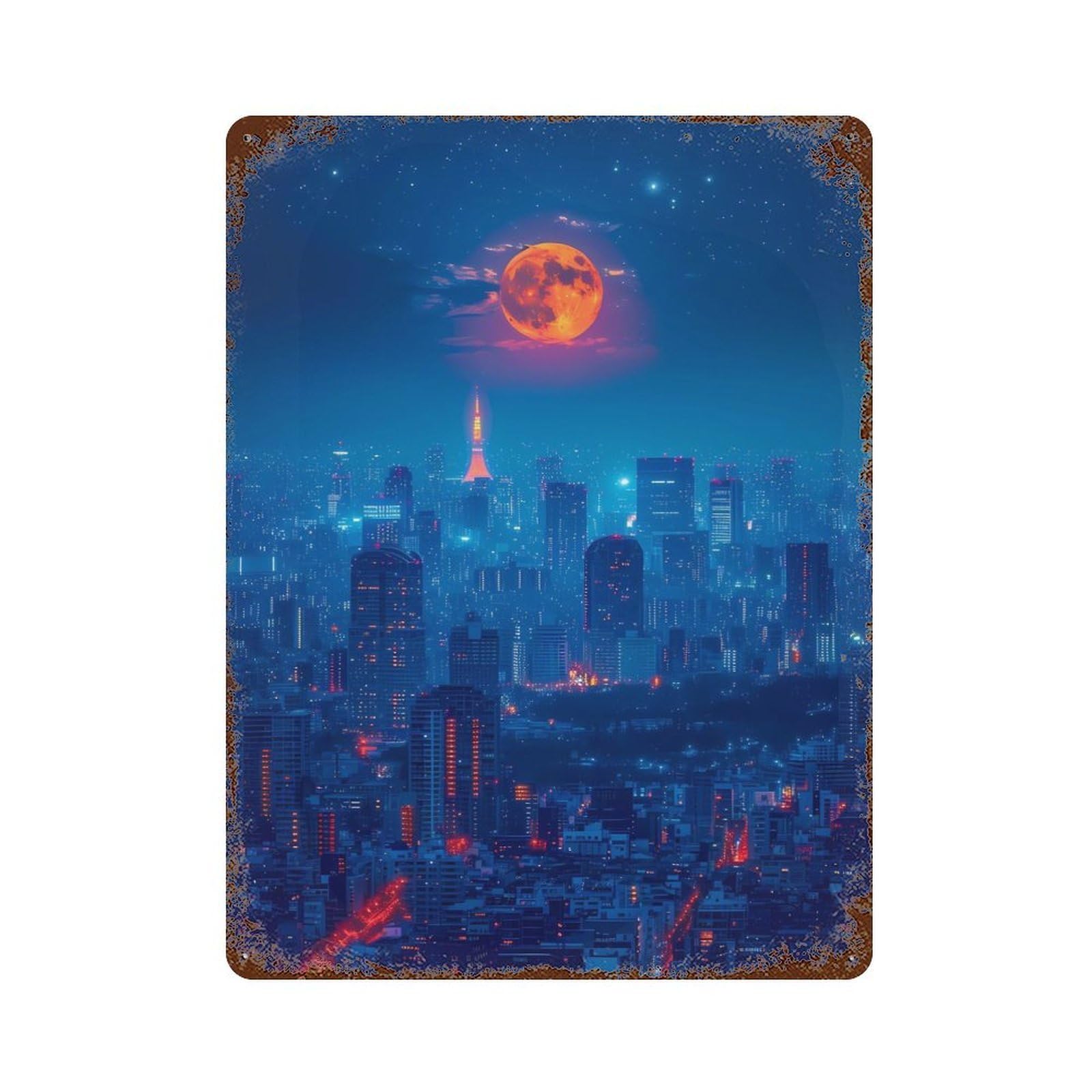 Moonlit Metropolis Weathered Tin Sign 15.7"x11.8", for Garage, Bar And Workshop Decor, Vintage Wall Decor