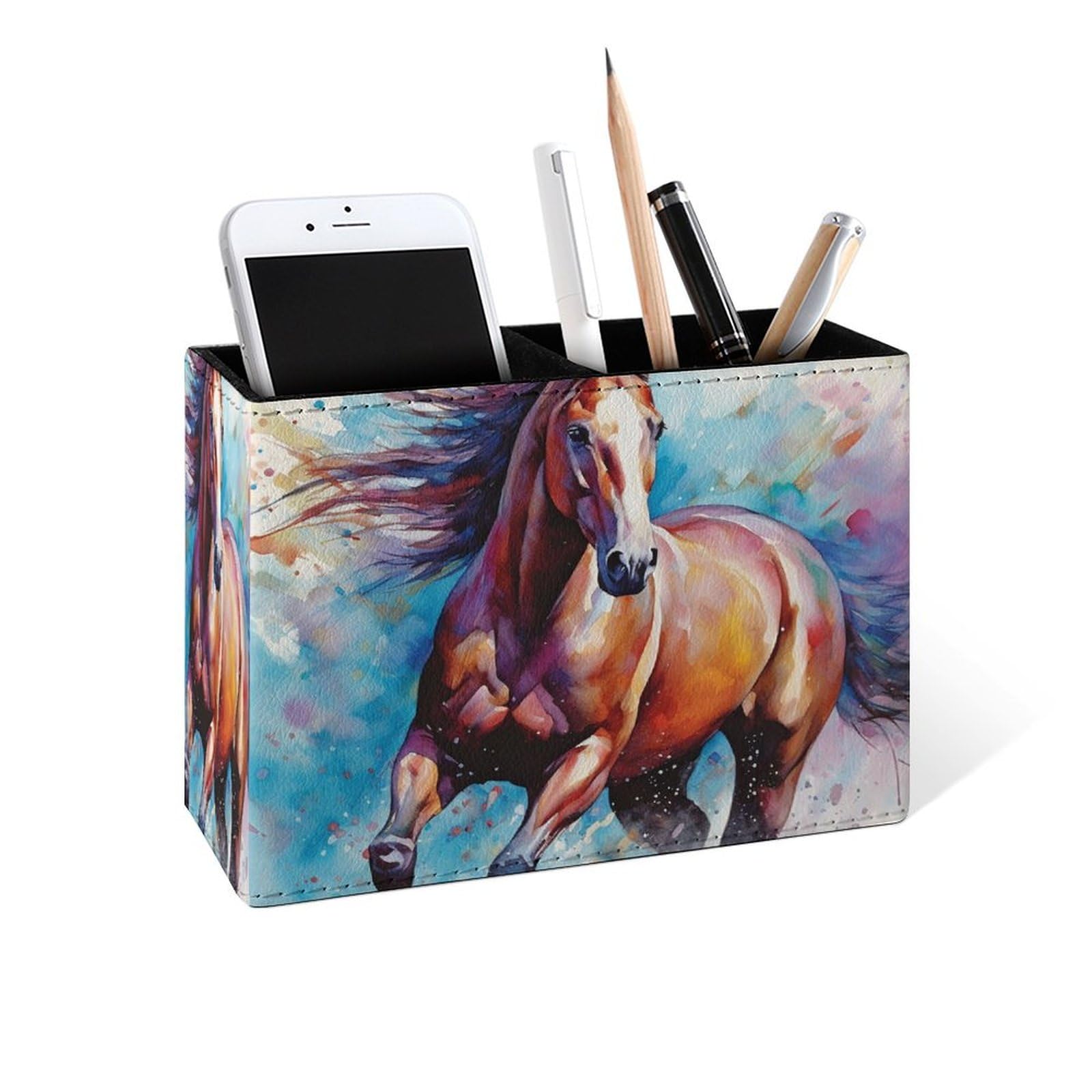 Famame Watercolor Horse Colorful Animal Pencil Holder for Desk, Leather Desktop Container Pen Cup Storage Study Table Pen Organizer Makeup Brushes Holder for Office Home