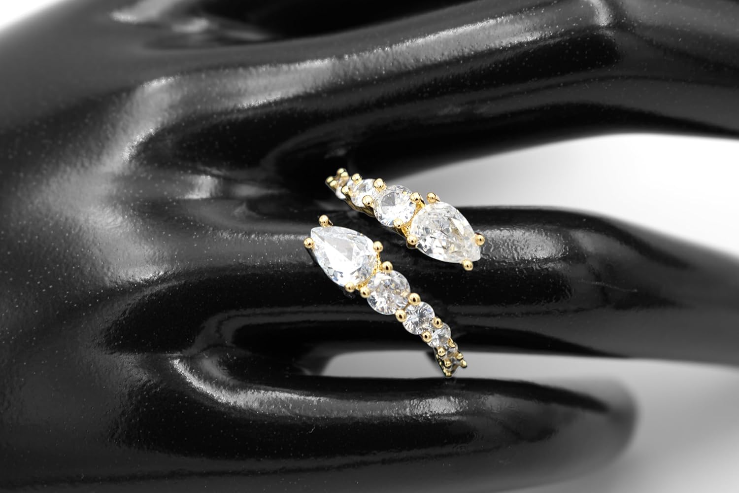 Adjustable Bypass Mixed Cut CZ Engagement Ring, Yellow Gold Filled Metal, Round & Pear Shaped Cubic Zirconia - Image 3