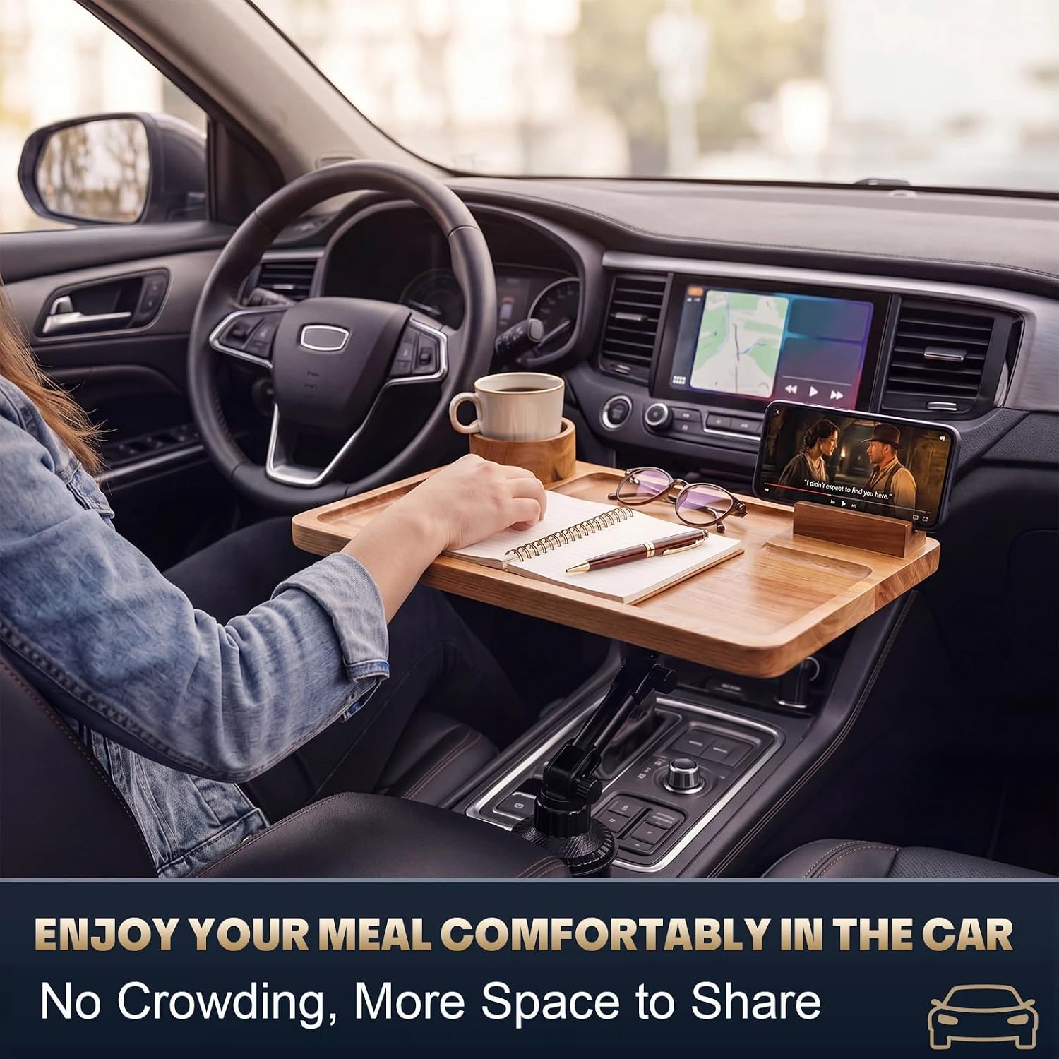 Gerrii 2-in-1 Car Tray for Laptop, Steering Wheel Car Tray Table Wooden Laptop Mount & Cup Holder Table, Universal Food Holder for Most Vehicles, Eating, Travel, Work, Drive(Acacia Wood,Acacia Color)