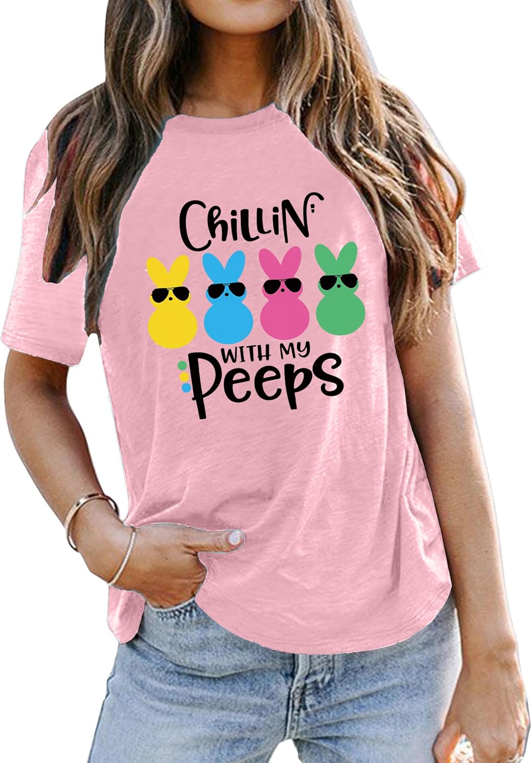 Easter Shirts for Women Chillin with My Peeps Shirt Cute Rabbit Graphic T-Shirt Bunny Shirt Easter Gift Tops - Image 2