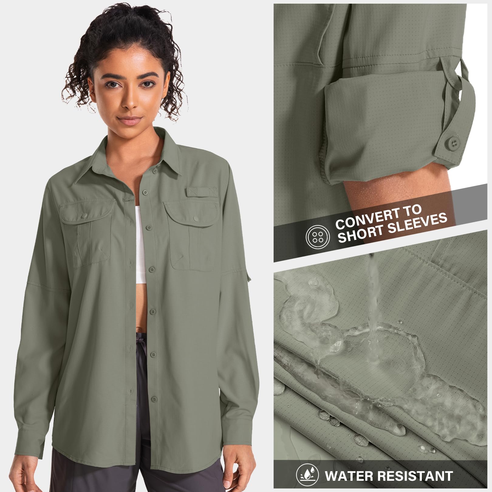 Camisa de manga larga UPF 50 para mujer, diseño de safari, senderismo, pesca, protección UV rápida, con botones, camisa de viaje para jardinería