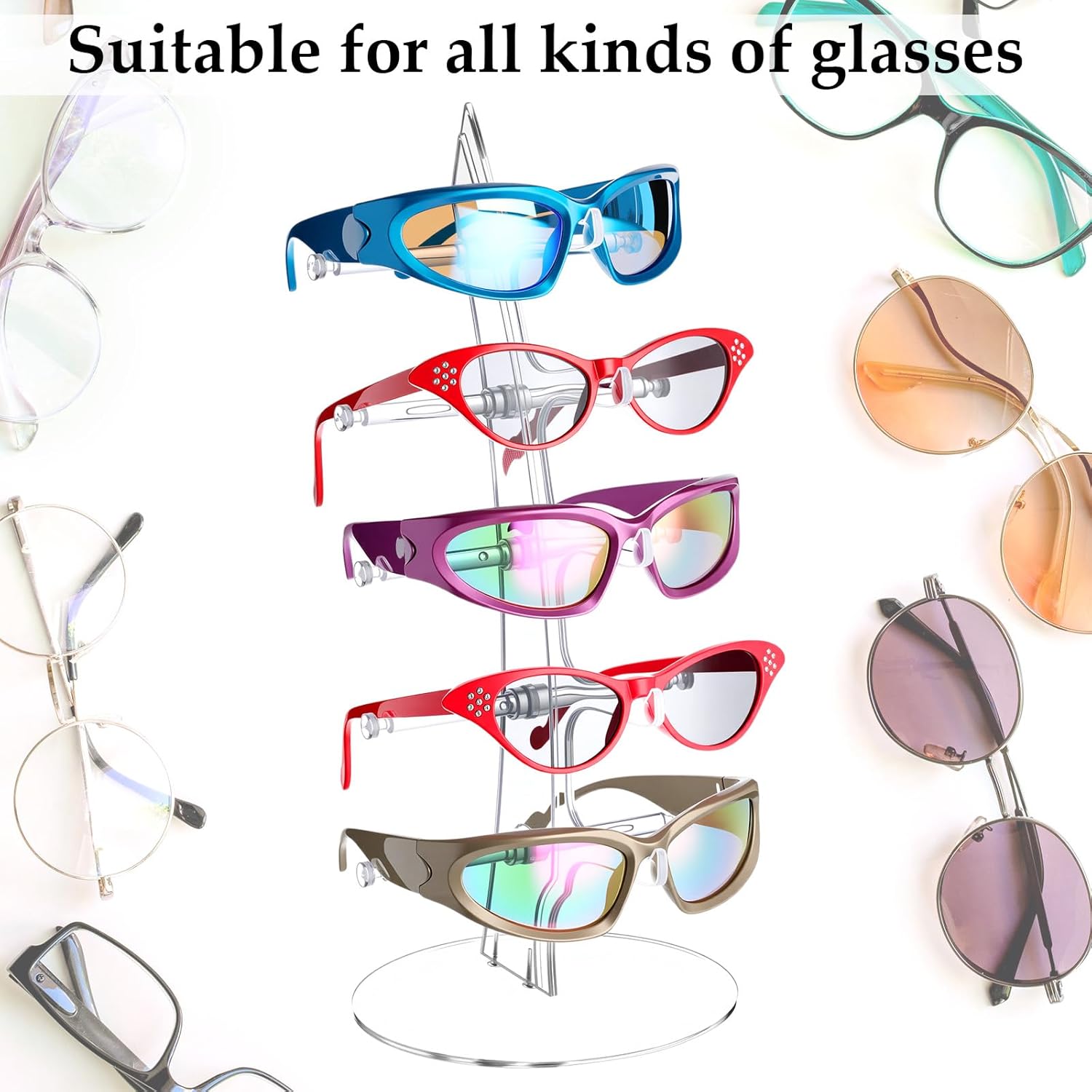 RattanView 4 Pcs Eyeglasses Storage Display Stand Holder 5-Slot Clear Acrylic Sunglasses Storage Organizer Easy Assembly Ideal for Home or Retail Use